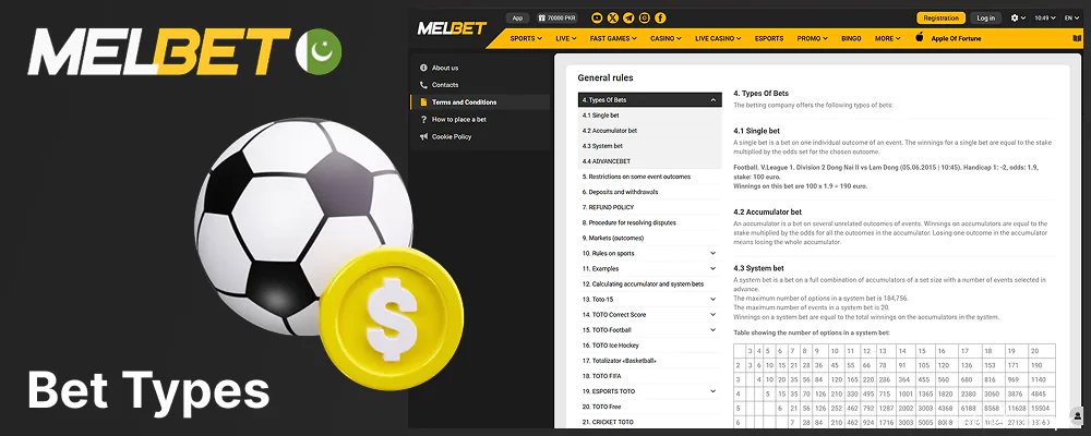 Betting types available on Melbet